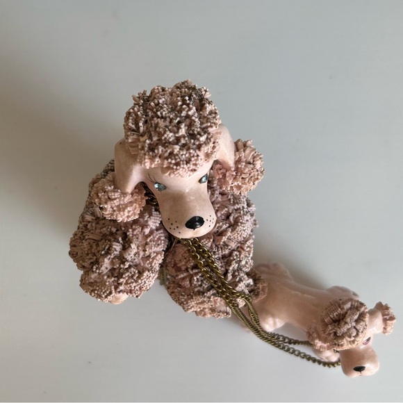 Vintage Pink Poodle Chained Puppy Spaghetti Trim Porcelain Figurines MCM Kitschy - Picture 4 of 15
